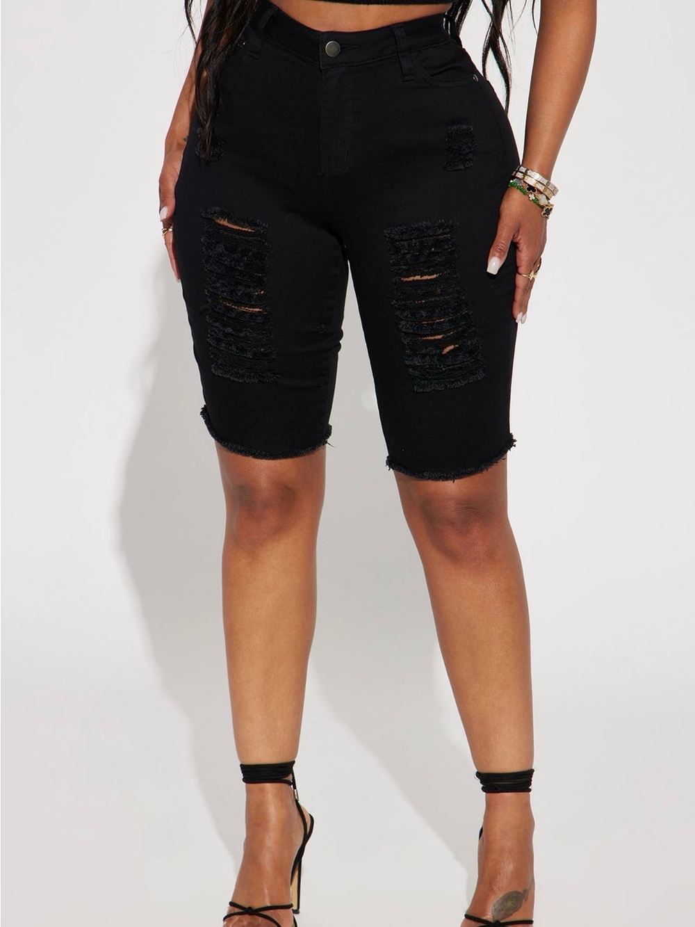 Fashion Nova Black Distressed Bermuda Denim Shorts NWT Size 5